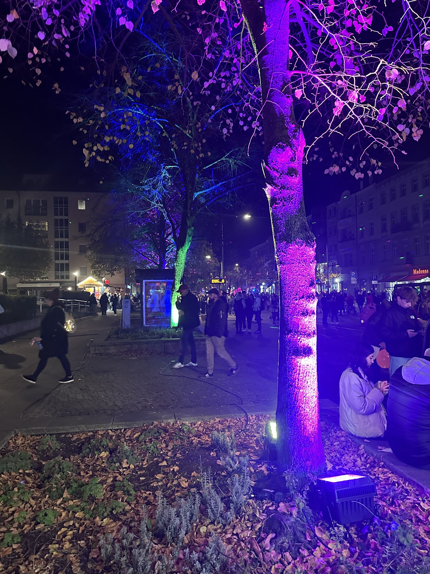 Farbig beleuchtete Bäume und Menschen in der Oranienburger Innenstadt